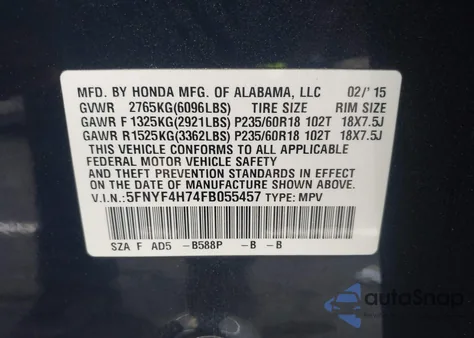 2015 Honda Pilot Ex-L from USA, damaged, VIN 5FNYF4H74FB055457